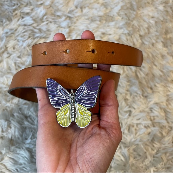 90s Style Purple Yellow Butterfly Belt Italian Leather - Picture 4 of 11